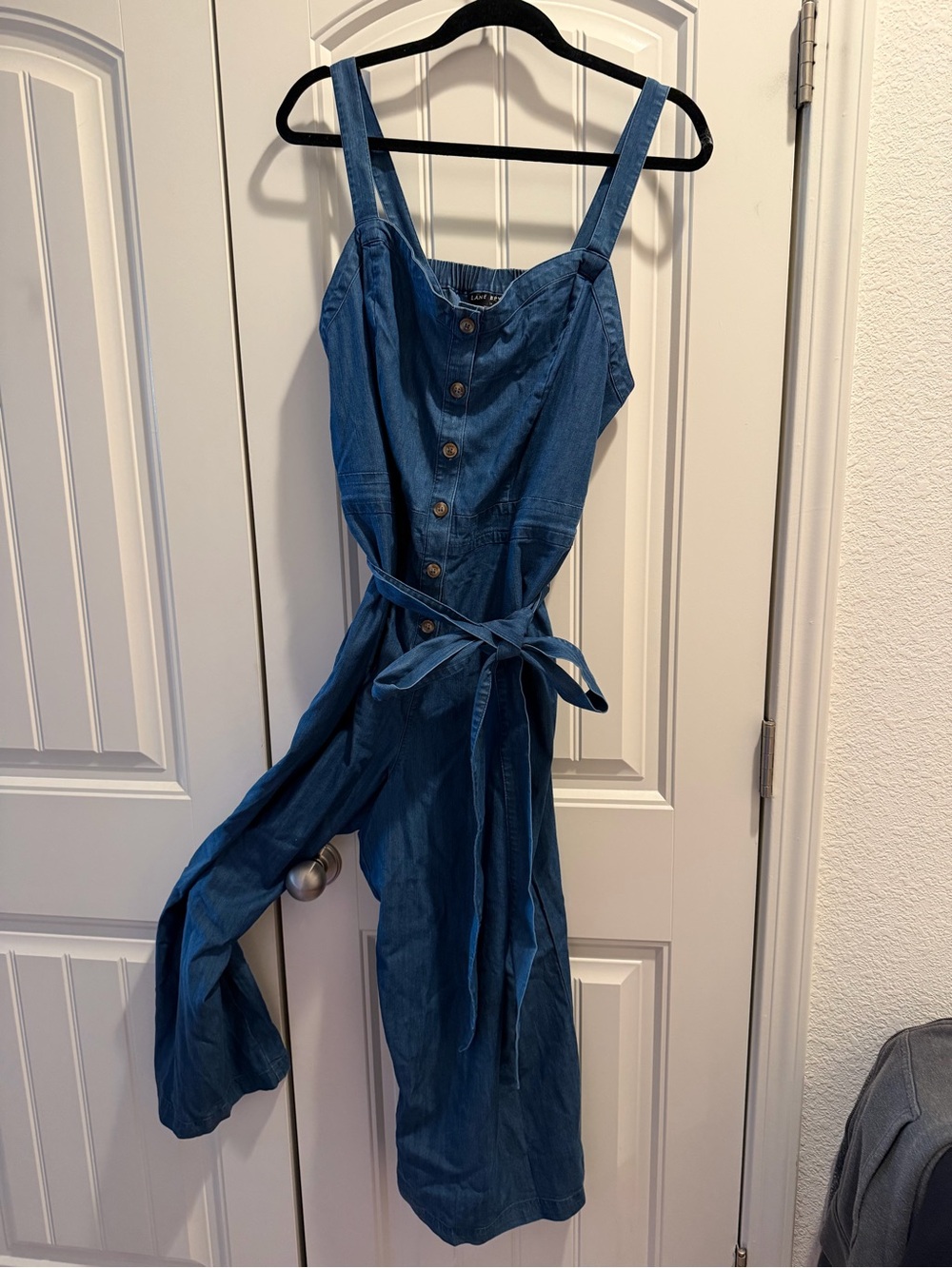 Lane Bryant Blue Denim Button-Front Jumpsuit with Tie Waist